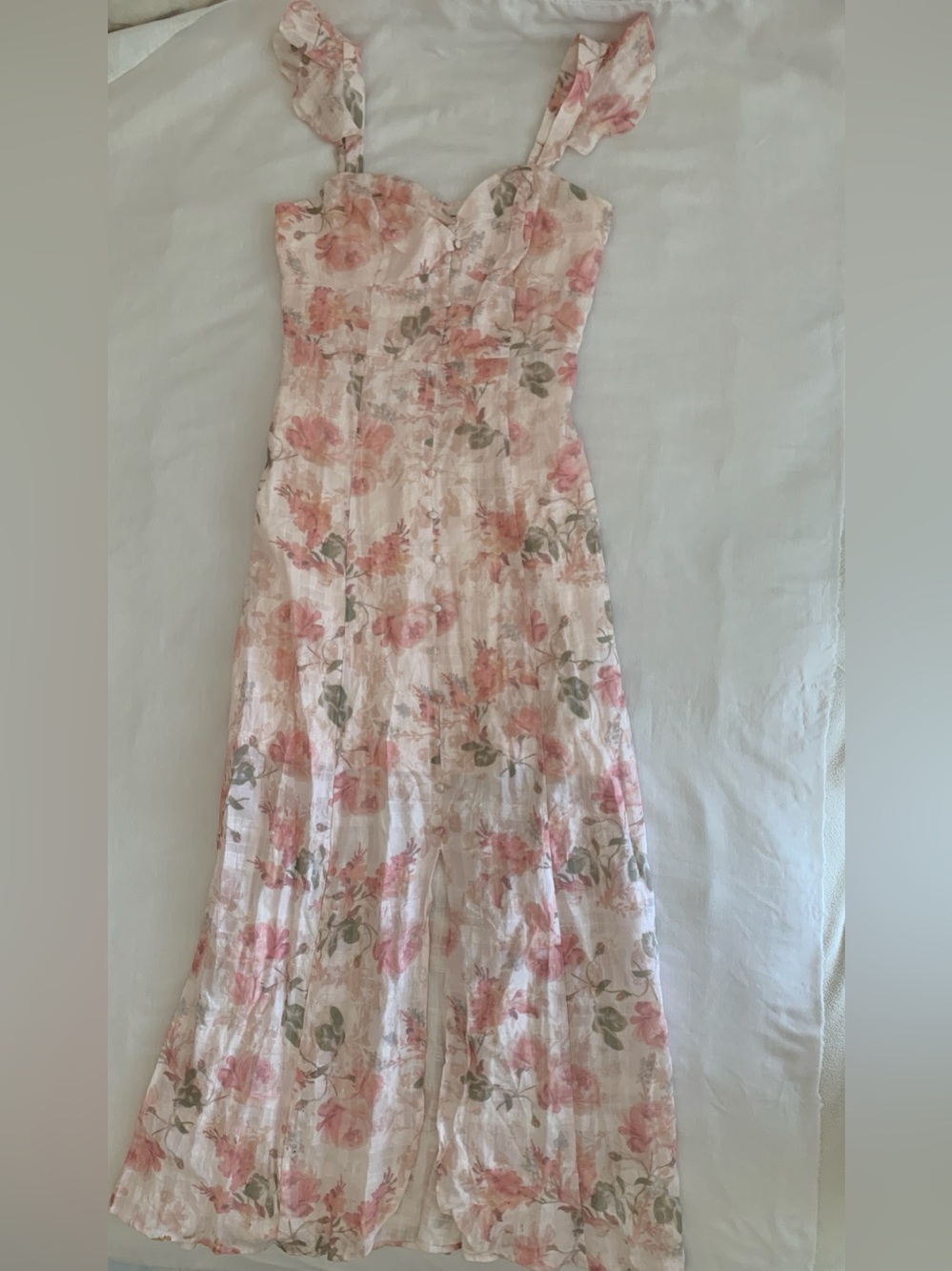 NWT Guess Sweetest Rose Print Pink Linen Blend Maxi Dress Size 2 Flutter Sleeve - Picture 7 of 15